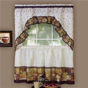 Embellished Tier and Swag Window Curtain Set - 57 Inch Width, 24 Inch Length